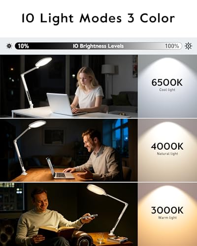 LitONES Led Desk Lamp with Clamp, 2000LM Dimmable Home Office Desktop Light, 3000k-6500k Adjustable Swing Arm Ring Light for Video Conference, Study, Reading, Zoom Calls, Streaming (White) - color: White