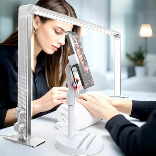 Upgraded Nail Tech Lamp for Desk, 32 in Foldable Large Nail Light with Phone Holder, 3000K-6000K CRI＞95 LED Manicure Lamp, Half Moon Light for Lash Eyelash Extension, Tattoo, Eyebrows-Diamond Silver - color: Diamond Silver