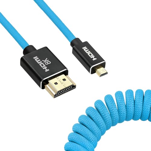 Uonecn Micro HDMI to HDMI Cable Coiled for Atomos Ninja-V, HDMI to Micro HDMI Spring Cord for Canon R5C R5 R6, Support 3D HDR 1080P HD eARC, 12-18 Inch - color: Blue Braided, size: 12-18"