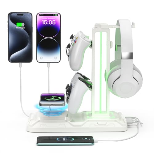 KDD RGB Headphone & Controller Stand with Wireless Charging - Rotatable Headset Stand with 9 Light Modes - Controller Holder with 2 USB and Type C Ports - for Gamers Desktop Accessories(White) - color: White