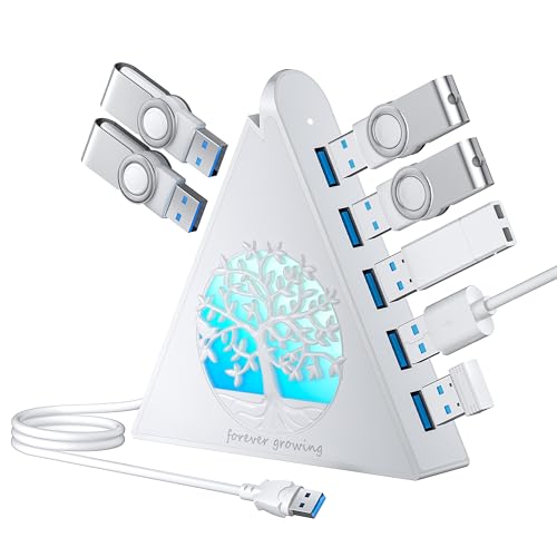 7-Port USB 3.0 Hub, White Vertical USB Hub Splitter with Tree-Shaped RGB Lighting, 5Gbps High-Speed Transfer, 2FT Extension Cable, Compatible with PC, MacBook, Laptop, Flash Drive, Printer - color: 1-Tree White