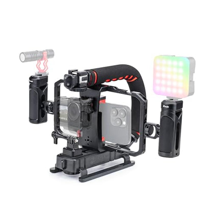 Zeadio Camera Handheld Stabilizer with Aluminum Smartphone Video Cage Rig, Triple Cold-Shoe Handle Grip, Compatible with All Camera Action Camera DSLR Smartphones - style: Standard