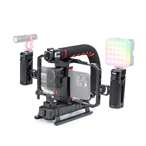 Zeadio Camera Handheld Stabilizer with Aluminum Smartphone Video Cage Rig, Triple Cold-Shoe Handle Grip, Compatible with All Camera Action Camera DSLR Smartphones - style: Standard