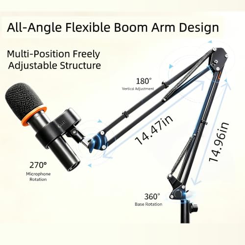 Floor Microphone Stand,Adjustable Boom Arm with Weighted Base & Tray | 5.5lb Weighted Base, Carbon Steel Construction, 2 Mic Clips, 3/8 to 5/8 Adapter, Podcast Streaming Recording Setup