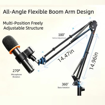 Floor Microphone Stand,Adjustable Boom Arm with Weighted Base & Tray | 5.5lb Weighted Base, Carbon Steel Construction, 2 Mic Clips, 3/8 to 5/8 Adapter, Podcast Streaming Recording Setup
