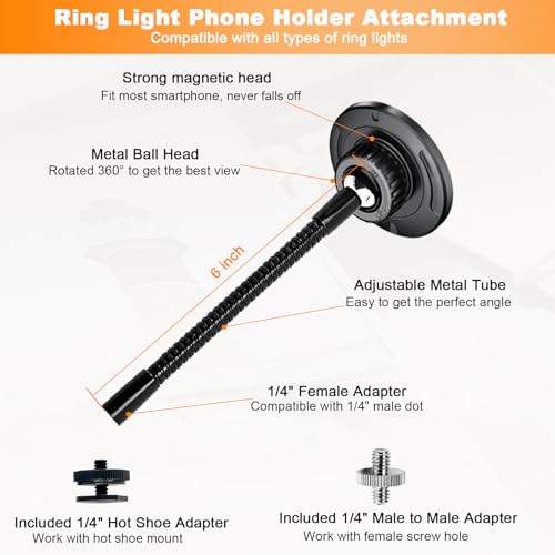 Ring Light Phone Holder Attachment, Strong Magnetic Phone Holder for Ring Light and Tripod Stand, Flexible Cell Phones Tripod Mount Adapter for MagSafe iPhone 16 15 14 13 12 Series and Android Phones - size: Magnetic