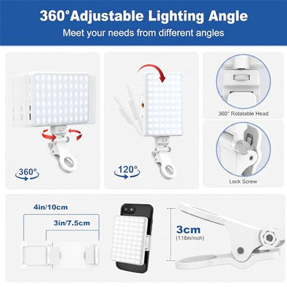 Selfie Light, Phone Light with Front & Back Clip, 60 LED Portable Light with 3 Modes, 5000mAh Rechargeable Video Light for Phone, iPhone, IPad, Laptop, TikTok, Makeup, Lighting Monolights(White) - color: White