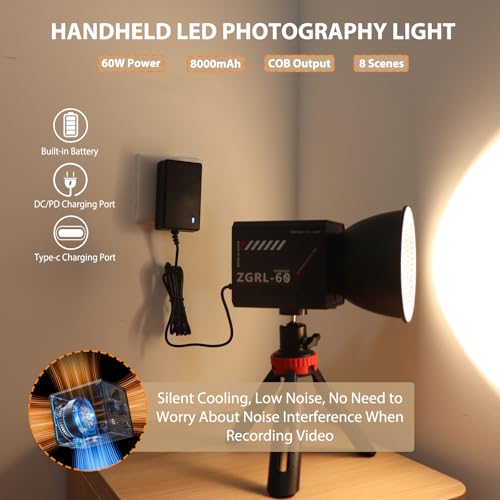 60W COB LED Video Light Handheld Portable with 8000 mAh Battery Dual-Color Photography Lighting Spotlight for Studio, Streaming, Phone Video, 2800K-6500K, 8 Lighting Effects, CRI ≥95