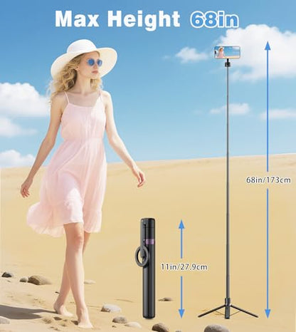TONEOF 68" Magnetic Selfie Stick Tripod with Aluminum Strong Magnetic Holder for Magsafe, 360° Rotatable Travel Phone Tripod Stand with Metal Ring & Rechargeable Remote for iPhone/Android（Black） - color: Black