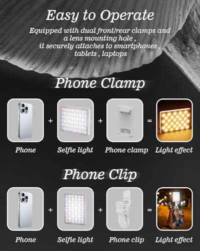 60 LED Portable Selfie Light Video Conference Lighting with Clip & Camera Tripod Adapter Rechargeable 2000mAh CRI 97+, 3 Light Modes for Phone iPhone Webcam Laptop Photo Makeup (Pure White)