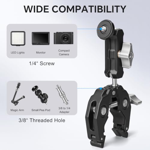 Super Clamp Camera Clamp Mount Monitor 360°Ballhead Magic Arm Double Ball Head Adapter with 1/4"-20 & 3/8"-16 Thread for Canon Nikon DSLR Camera/Gopro/LED Light Ronin-M/Ronin MX/FreeflyMOVI