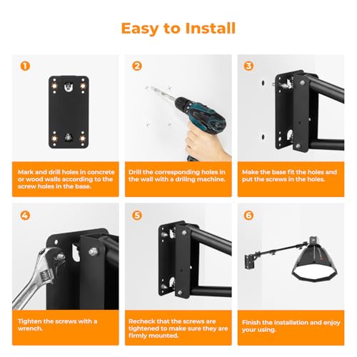 K&F CONCEPT Wall Mount Boom Arm 51"- Rotating Triangle Stand for Ring Light, Softbox, Reflector - Support 180°Flexible Rotation, 33-51in Adjustable Length, 20lbs Heavy Duty with 1/4''&3/8'' Mount - size: 130cm/51.18"
