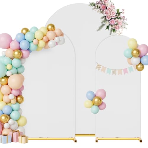 Arch Backdrop Stand with Cover Set, 7.2FT,6.6FT,6FT Gold Metal Wedding Arch for Ceremony, Heavy Duty Balloon Arch Stand with White Spandex Cover for Birthday Party, Baby Shower, Graduation - size: 3-Piece Set