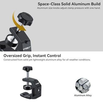UTEBIT 0.36"-1.2" Universal Aluminum C-Desk Clamp, Black | Adjustable Support Clamp with 1/4" and 3/8" Thread for Desktop Mount Holder Flash Desks Carts Benches Worktables - size: 0.36-1.2 inch