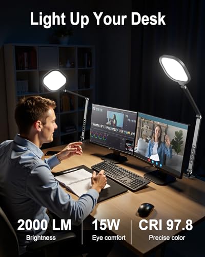 Desk Lamps for Home Office, 2000LM Eye-Caring Desk Light with Clamp, Dimmable Zoom Lighting with 3 Colors & 10 Brightness, Remote Computer Ring Light for Video Calls,Conference, Reading, CRI>97.8 - color: Black