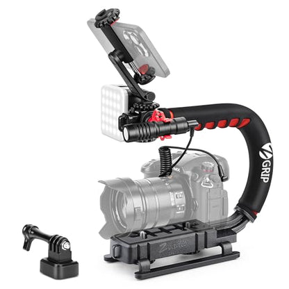 Zeadio Video Handheld Stabilizer, All-in-One Camera Handle Grip Rig Kit with Dimmable LED Video Light, Microphone, Phone Holder, Action Camera Adapter for Filmmaking Vlogging YouTube TikTok etc - style: Pro Kit
