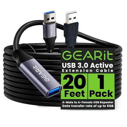 GEARit USB 3.0 Active Extension Cable (20 Feet) A-Male to A-Female USB Repeater with Signal Booster for Oculus Rift, Quest Link, Xbox 360 Kinect, PlayStation, Printer, Webcam - 20ft - size: 20 Feet