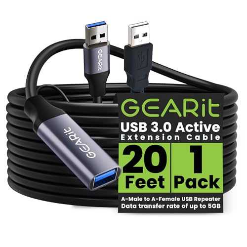 GEARit USB 3.0 Active Extension Cable (20 Feet) A-Male to A-Female USB Repeater with Signal Booster for Oculus Rift, Quest Link, Xbox 360 Kinect, PlayStation, Printer, Webcam - 20ft - size: 20 Feet