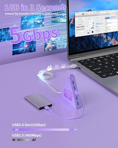 7-Port USB 3.0 Hub, Light Purple Vertical USB Splitter with Tree-Inspired RGB Lights, 5Gbps High-Speed Transfer, 2FT Cable, Compatible with MacBook, PC, Flash Drive, Console, Printer, Camera - color: 2-Tree Light Purple