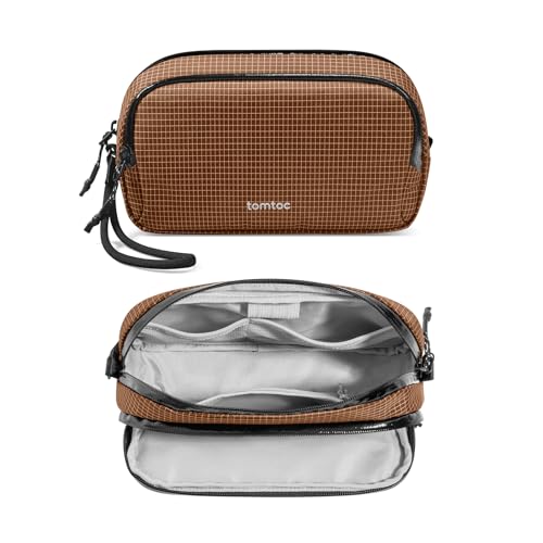 tomtoc Electronic Organizer Travel Case Performance, Water Resistant Dual Compartment Cable Organization Storage Bag for Charger, Cord, Phone, Hard Drive, Power Bank, Accessories Travel Essentials - color: Brown Plaid, size: Medium
