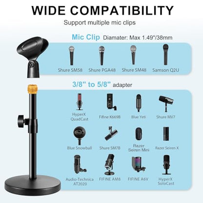 2 In 1 Desktop Microphone Stand, Upgraded Metal Round Base Adjustable Mic Stand with Micphone Clip, Cellphone Clip and 5/8" Male to 3/8" Female Screw for Table Desk Interviews, Black