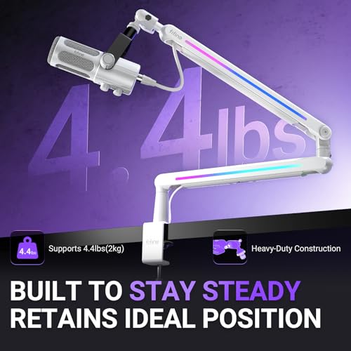 FIFINE RGB Microphone Boom Arm, Low Profile Rotatable Desk Mount Microphone Stand with Cable Management for Podcast, Streaming, Gaming, Studio-BM88ProW - color: white