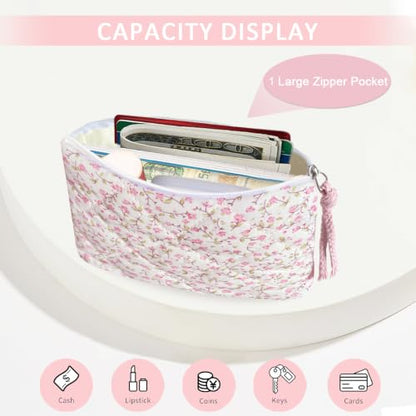 Cotton Quilted Floral Coin Purse Digital Camera Pouch with Cute Prints Zipper for Women Girls (PINK DISTY) - color: PINK DISTY