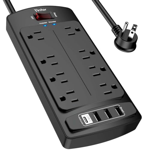 Surge Protector Power Strip, Yintar 6 Feet Flat Plug Extension Cord with 8 AC Outlets and 4 USB Ports, 2700 Joules, ETL Listed, Black - color: Black(8 Outlets), size: 6 Ft