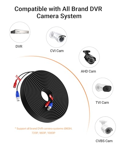 Anlapus 60 Feet All-in-One Video Power Cable for CCTV Security Camera DVR System, BNC Extension Surveillance Camera Cable with 1X BNC Connector and 1X RCA Adapter - size: 60ft Cable-2MP