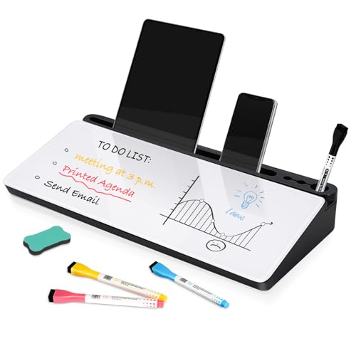DOLLAR BOSS Glass Desk Whiteboard Small Dry Erase Board Desktop White Board with Storage Drawer Computer Keyboard Stand Desk Organizer School Supplies Office Accessories with 4 Markers 1 Eraser, White - color: White-black Box, size: 16''x7''