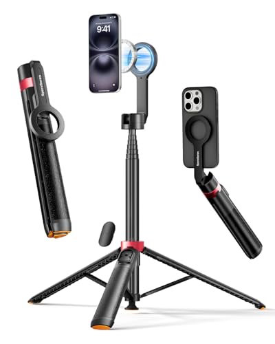 [1s-Open] Magnetic Phone Tripod for iPhone MagSafe – 70'' Selfie Stick Tripod Stand with Remote, Portable Cellphone Stand for Recording Travel, Compatible with iPhone and Android (Black) - color: Black