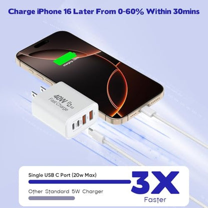 2Pack iPhone 17 16 15 Pro Max Fast Charging Block,6FT USB C to C Woven Cable Cord 40W USB C Apple Charger 4 Port PD&AC Charger Block Fast Charging for iPhone 17 Air/16e/17/16 /15 Plus/Pro/Pro Max/iPad - size: 6FT C-C
