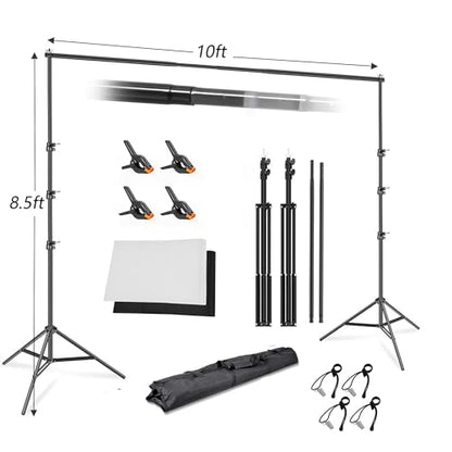 8.5x10ft Background Stand with 6.5x10ft White and Black Chromakey Backdrop Screen, Adjustable Background Holder Support System Kit, Clamp for Photography Video Studio Portrait Product Shooting