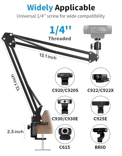 Webcam Stand, Boom Arm Camera Mount Stand for Logitech Webcam BRIO 4K C920 C920S C922 C922x C925e C930 NexiGo N60, 1/4"-3/8" and 3/8"-5/8" Screw for Blue Yeti Snowball Yeti Nano and Other Mics - size: 13.1" - 26.2" in height