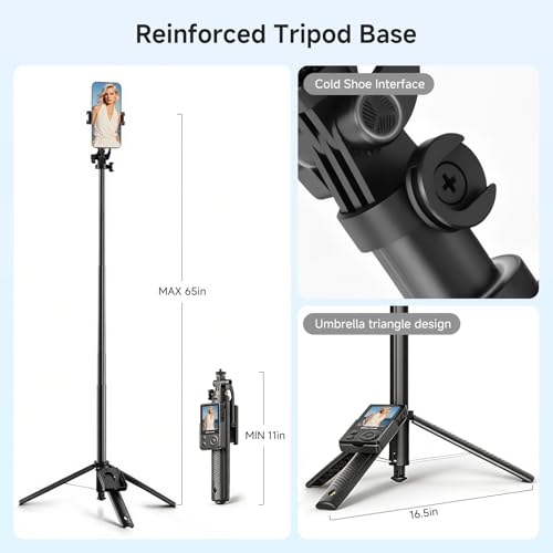 Wireless Selfie Monitor Vlogging Kit with Microphone, 65in Extendable Phone Tripod Selfie Stick, Magnetic Back Camera Monitor, 164ft Stable Wireless Casting, No Lag No Overheating for iPhone & Android