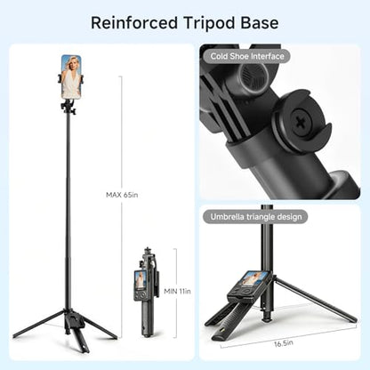 Wireless Selfie Monitor Vlogging Kit with Microphone, 65in Extendable Phone Tripod Selfie Stick, Magnetic Back Camera Monitor, 164ft Stable Wireless Casting, No Lag No Overheating for iPhone & Android