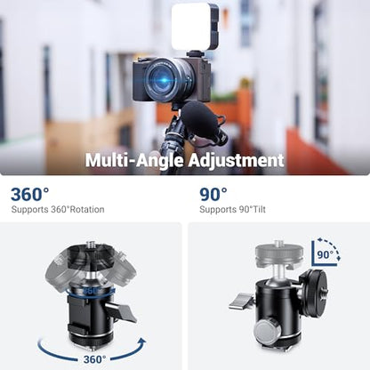1/4''-20 Camera Tripod Ball Head Mount Adapter, Mini Ballhead with Cold Shoe Mount for Camera DSLR Tripod Selfie Stick LED Light Flash Microphone Phone Cage, 360-Degree Rotation, 90-Degree Tilt