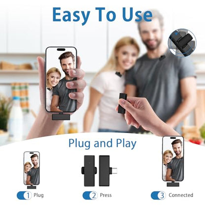 Lavalier Microphone Lapel Mic Wireless for iPhone 15 Pro Max,Bluetooth Mic USB C,Android,Phone,PC,Microfono Inalambrico Para, Mini Collar Clip on Lapel Microphone Wireless Lav Mic for Video Recording