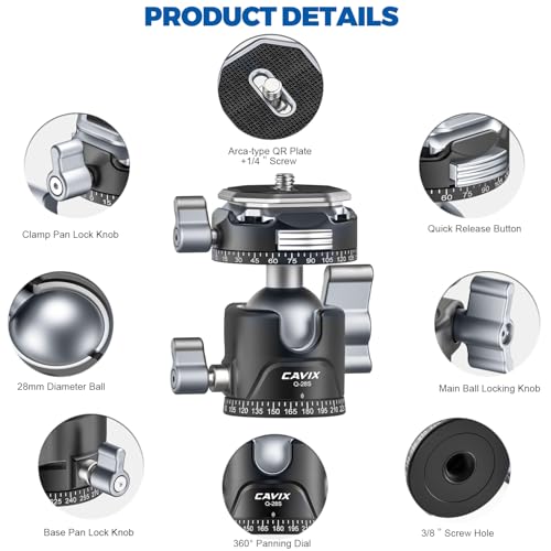 CAVIX Ball Head, Tripod Ball Head Mount 1/4" & 3/8" with Arca Quick Release Plate, 360° Rotating Panoramic Ball Head for DSLR Camera,Tripod,Monopod,Slider,Camcorder - 11 lbs/5kg Load - size: Ball Dia. 28mm