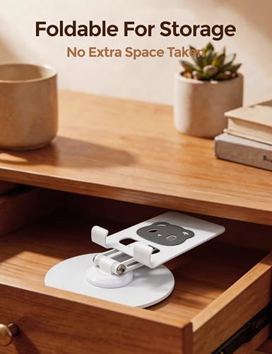 All-Metal Desk Phone Stand, 360° Rotating, 4-8" Phones & Tablets | Carbon steel base, dual-pole adjustment, panda face anti-slip pads, hex key, scratch-proof, heat-dissipating, case-friendly - color: white