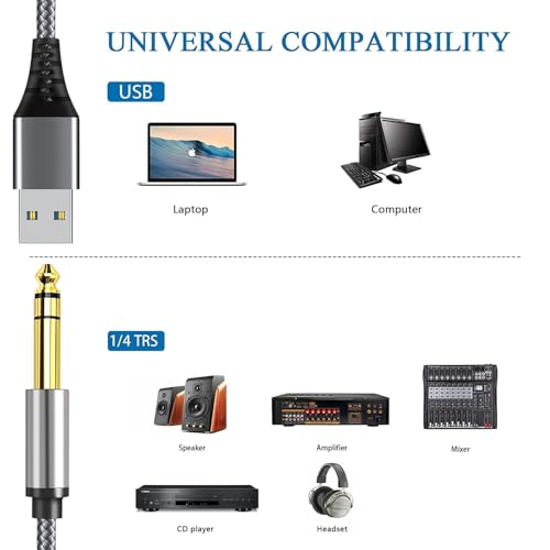 USB to 6.35mm 1/4 inch TRS Audio Stereo Cable 10FT,USB-A to 6.35mm Quarter inch Aux Jack Stereo Cable for Laptop, WindowsAmplifier, Mixer, Home Theater, Speaker ect - size: 10Feet
