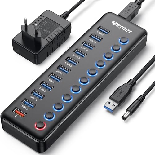 Powered USB Hub, Wenter 11-Port USB Splitter Hub (10 Faster Data Transfer Ports+ 1 Smart Charging Port) with Individual LED On/Off Switches, USB Hub 3.0 Powered with Power Adapter for Mac, PC - size: Plastic 10+1 Powered USB Hub