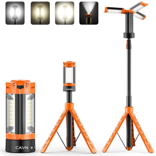CAVN Rechargeable Camping Lights with Stand 6.0 ft Max Height, Portable Cordless LED Work Light 2200 Lumens 6500/4500/3500K Dimmable Camping Essentials Gear with Detachable Tripod, Orange - color: Orange