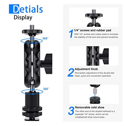 Magic Arm Cool Ballhead Double Ball Head Adapter with 1/4’’ Screw and Cold Shoe Mount - 2 Pack for Cameras, Camcorders, Monitor, Flash, LED Light, Microphone, and More