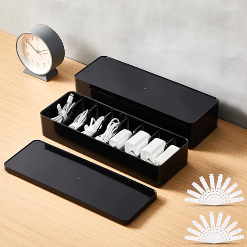 Tatuo 2 Pcs Cord Organizer for Drawer Desktop, Cable Organizer Box with 8 Compartments and Wire Ties, Plastic Charger Storage with Lid, Electronics Case for Home Office Accessories (Small,Black) - color: Black
