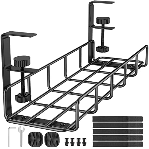 15.7” Under Desk Cable Management Tray, No Drill Steel Cable Tray Organizers, Wire Management Tray Cable Rack with Clamp Mount, Metal Under Desk Tray with Wire and Cord Organizer (Black, 1 Pack) - color: Black, size: 1 Pack