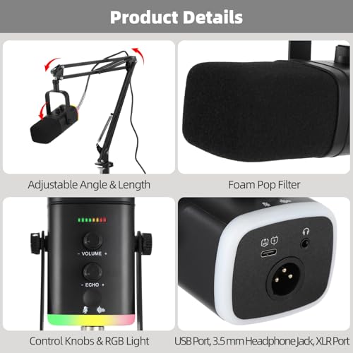 OMISTAR Dynamic Streaming USB Microphone for PC, Wireless Gaming Microphone with Boom Arm, Gaming Mic with RGB Light, Noise Reduction, Volume & Echo Knobs (100W-Boom Arm)