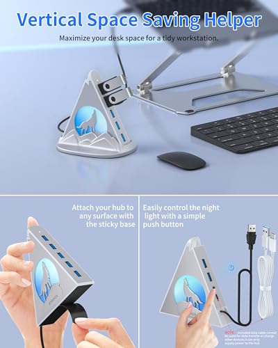 USB Hub 3.0, 7-Port USB Hub with RGB Night Light and Base, Vertical USB a Splitter for Desktop,Laptop, MacBook, Xbox, PS4/5, Game Console, Flash Drive, XPS, PC, Printer, Camera, Keyboard (Silver+Base) - color: Silver