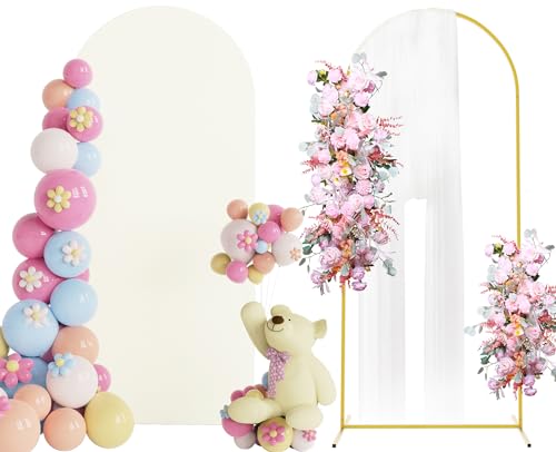 Putros Arch Backdrop Stand and Cover Set, 6ft, Gold Arch Stand with Ivory Cover, Metal Arched Background Frame for Wedding, Birthday Party, Baby Shower, Photography Decoration - color: Ivory, size: 6ft x 2.6ft