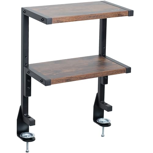 VIVO Vintage Brown Clamp-on 13 inch 2-Tier Desk Shelf, STAND-SHELF2C-N | Above or Below Desk, Rustic 2 Level Shelving Unit for Table Accessories Gaming Devices & More, Storage Tray Desktop Organizer - color: Vintage Brown, size: 13 inch